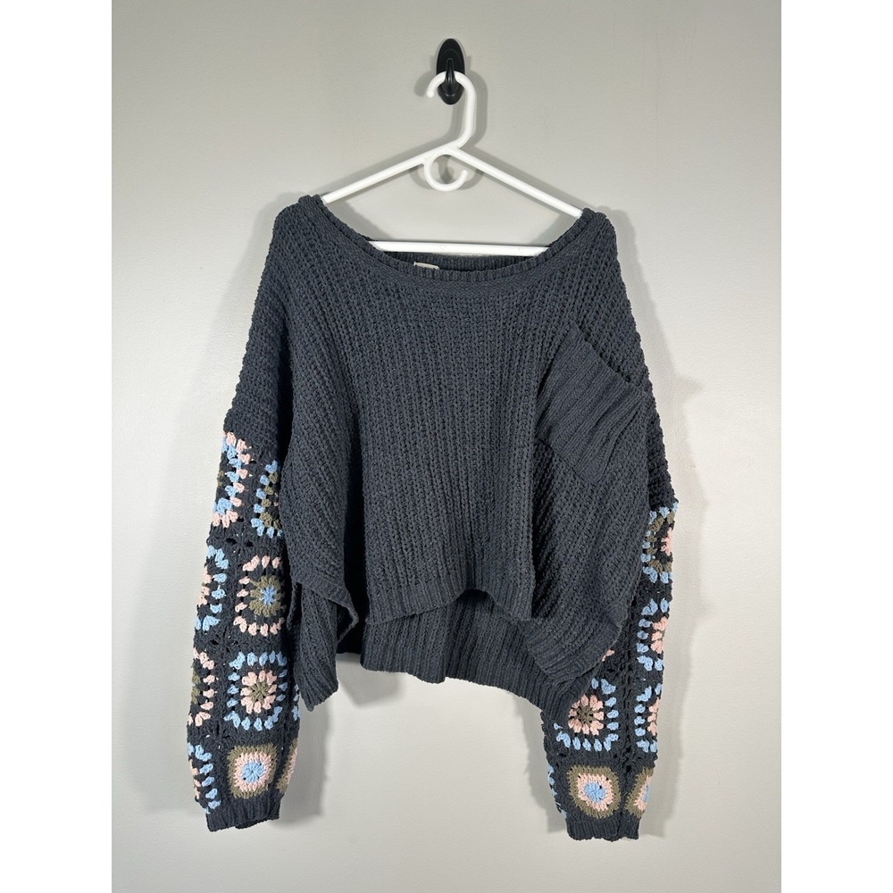 Pol Sweater Womens Large Gray Granny Square Crochet Oversized Boho